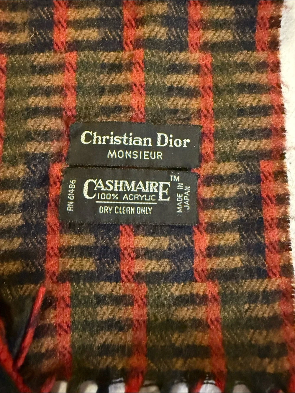 Christian Dior Monsieur Cashmaire 100% acrylic Plaid Frayed Fringe Scarf Unisex